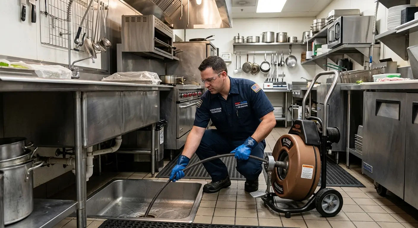 Commercial drain cleaning service in a restaurant kitchen in San Francisco