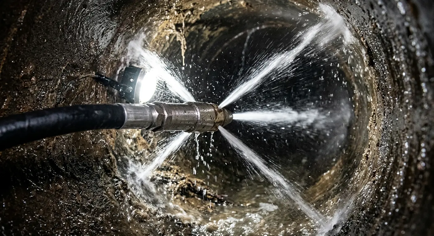 High-pressure hydro jetting nozzle cleaning sewer pipe for Emergency Drain Service in San Francisco