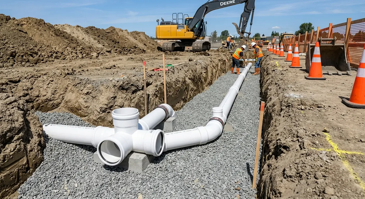 New PVC sewer pipe installation in open trench for Sewer Backup in San Francisco