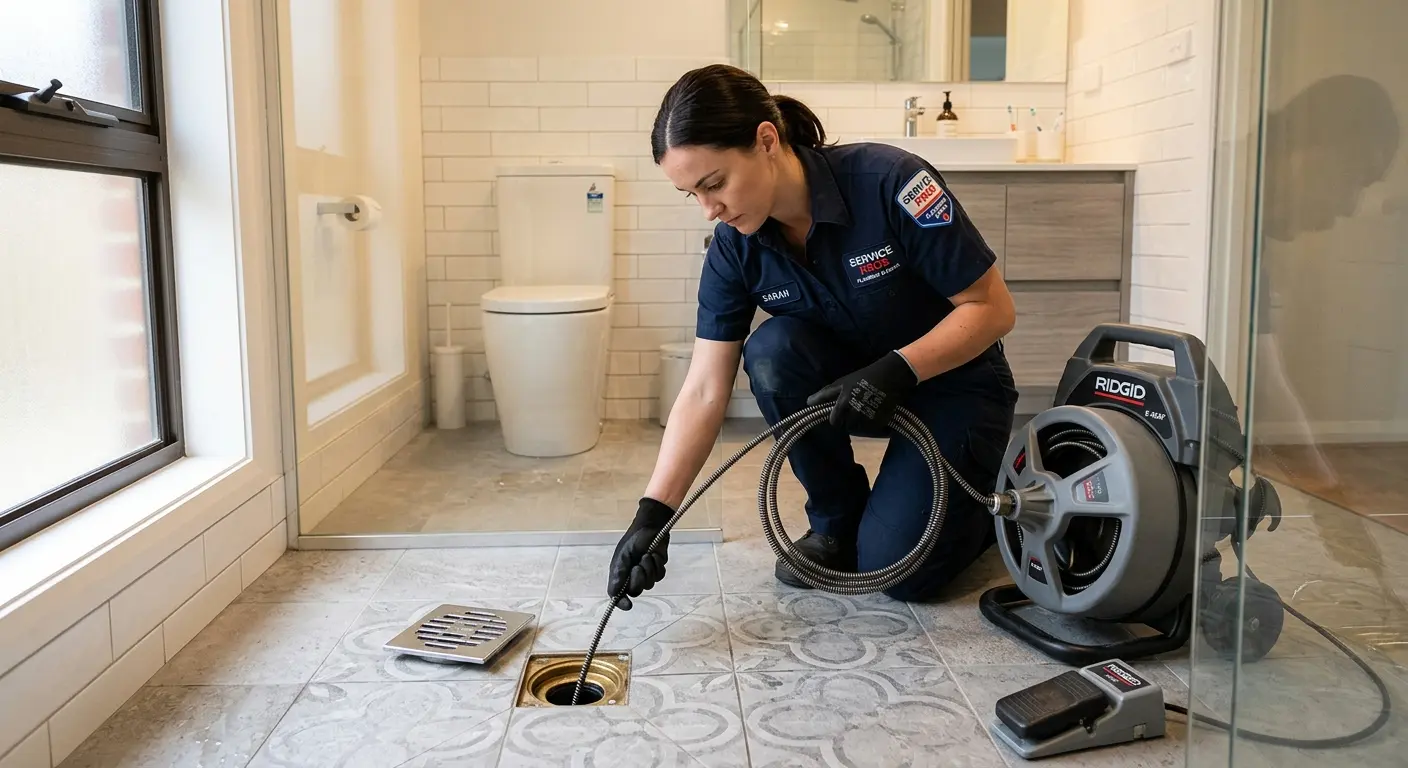 Technician clearing a bathroom floor drain for Sewer Line Replacement in San Francisco